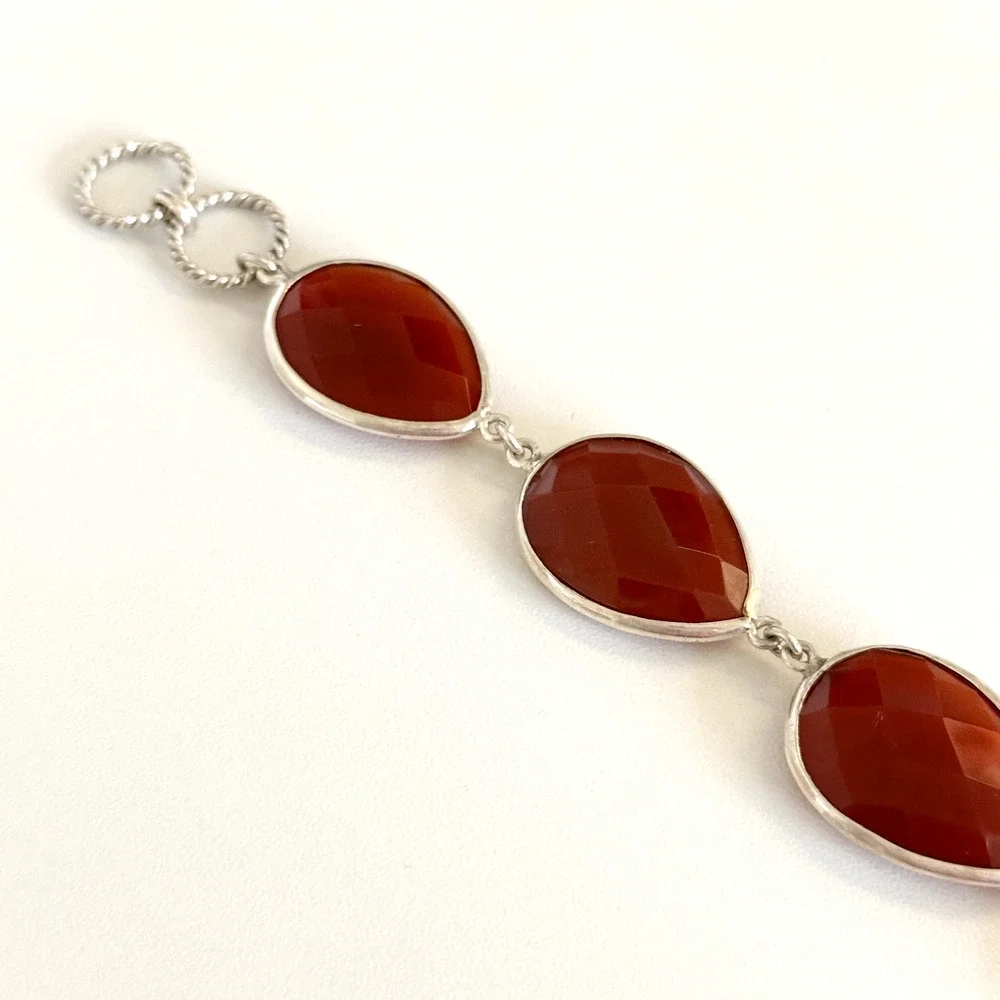 925 Sterling Silver Genuine Carnelian Faceted Teardrop Chain Link Bracelet 7